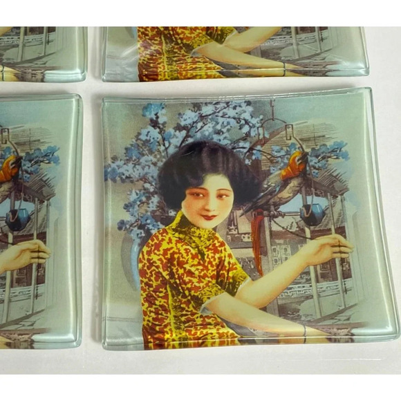 4 Lots of Pcs Mai Decal Plate Chinese Pin Up Girls Glass Plates Art Decor Poster - Picture 5 of 6